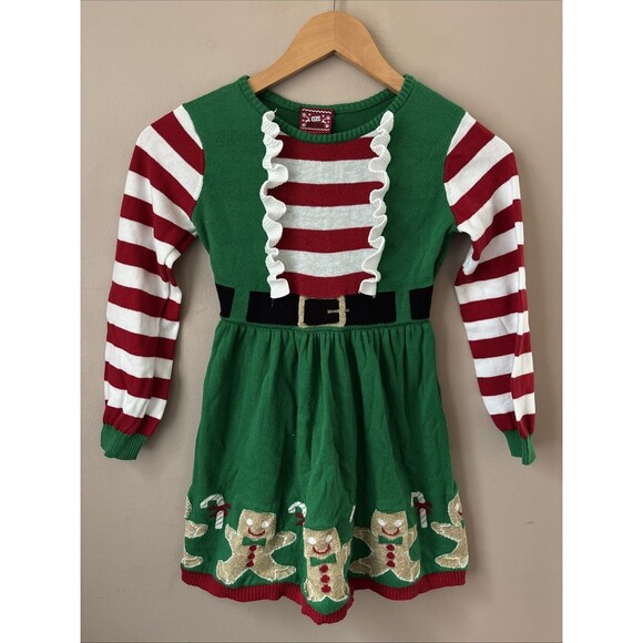 Girls Holiday Sweater Dress Green Gingerbread Men Size S 6-6X Christmas Cute - Picture 1 of 5